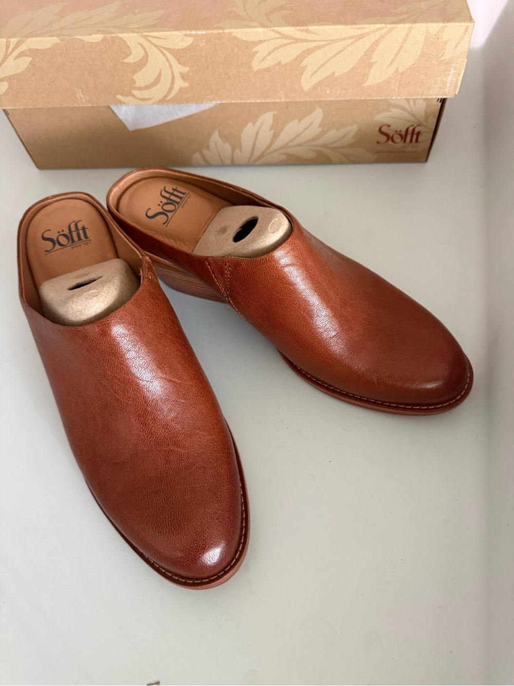 Söfft Nicki Leather Wedge Mule Shoes Russet Brown Size 8 NWT